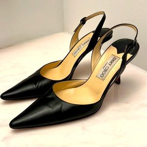 Authentic Jimmy Choo black leather sling back heels. Excellent condition.